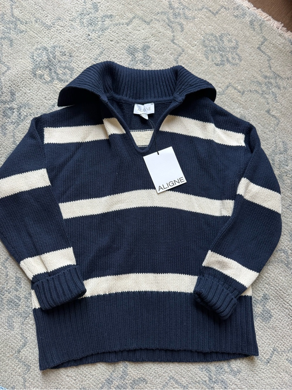 ALIGNE Women's Navy and Cream Striped V-Neck Sweater